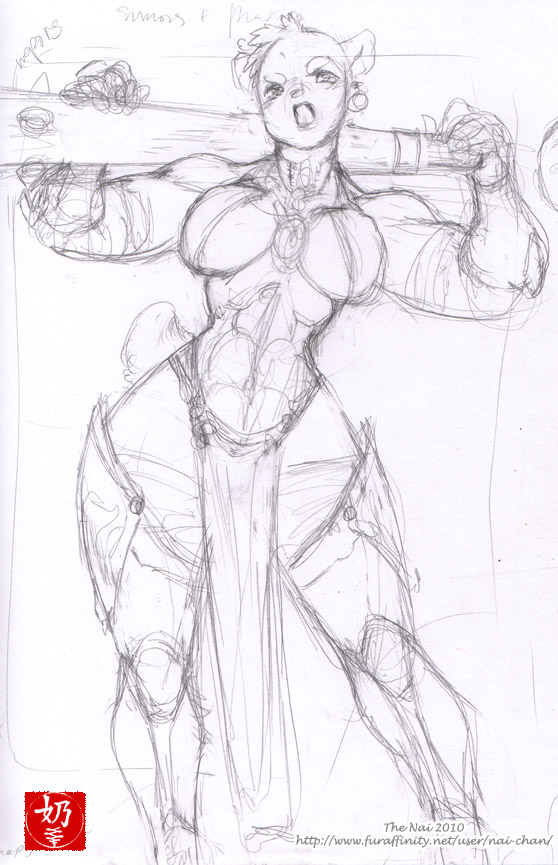 abs armor barbarian biceps bottomwear breasts clothing club_(weapon) crotch_apron ear_piercing fangs female gloves handwear loincloth melee_weapon muscular muscular_female piercing simple_background solo teeth weapon white_background wide_hips nai-chan nai bear mammal black_and_white monochrome sketch