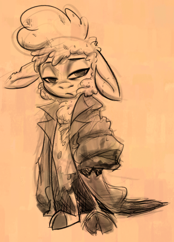 anthro bite_mark clothing coat dirty dull_eyes female hooves looking_at_viewer notched_ear oversized_clothing simple_background solo standing tan_background topwear young young_anthro soulcentinel disney zootopia dawn_bellwether homeless_bellwether bovid caprine mammal sheep