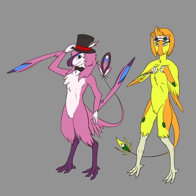 ambiguous_gender anthro clothing duo eyewear feathers goggles hat headgear headwear kp-yoshi kaven priley avian bird nevrean 1:1 flat_colors low_res