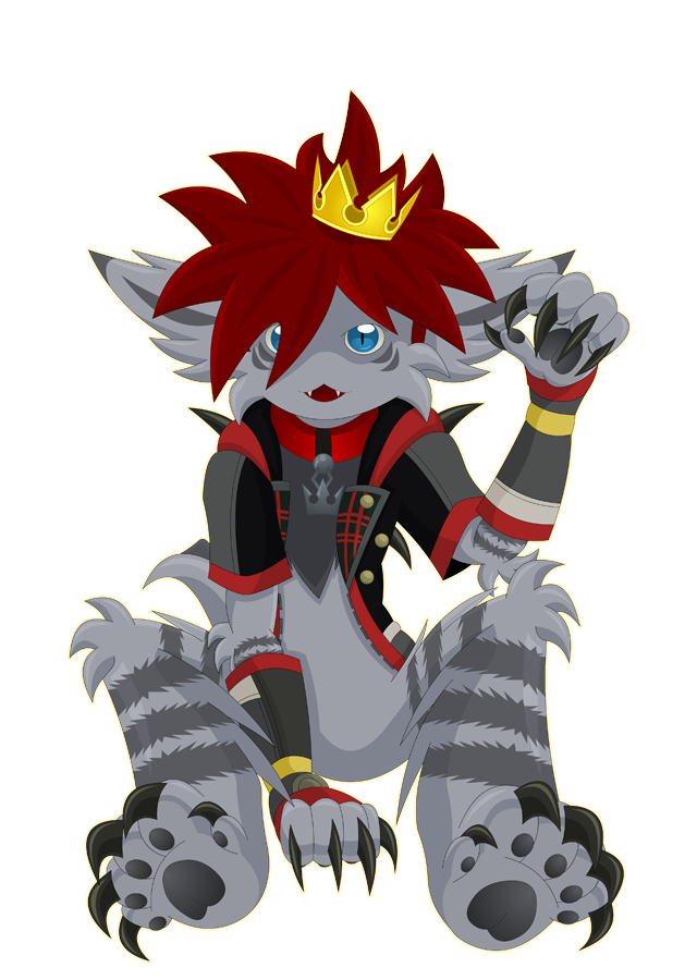 anthro blue_eyes bottomless claws clothed clothing collar crown cute_fangs ears_down fangs featureless_crotch fur grey_body grey_fur hair headgear male paws pivoted_ears red_hair smile solo spines teeth zarjhan_mary kingdom_hearts kingdom_hearts_3 square_enix monster_sora_(character) sora_(kingdom_hearts) deishun_(species) monster alpha_channel