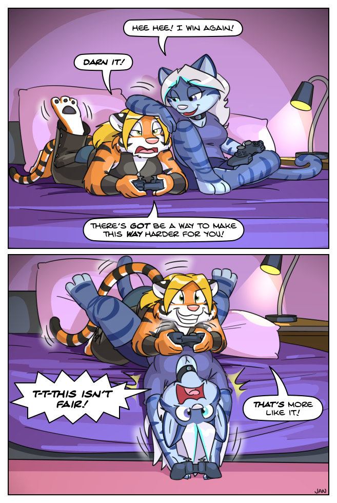 anthro black_stripes border breasts cleavage clothed clothing duo female fur hair orange_body orange_fur smile striped_body striped_fur stripes white_border cartoonwolf 9_to_9 tigerknight aegis_(infinitedge) jessie_(tigerknight) felid mammal pantherine tiger 2021 comic digital_media_(artwork)