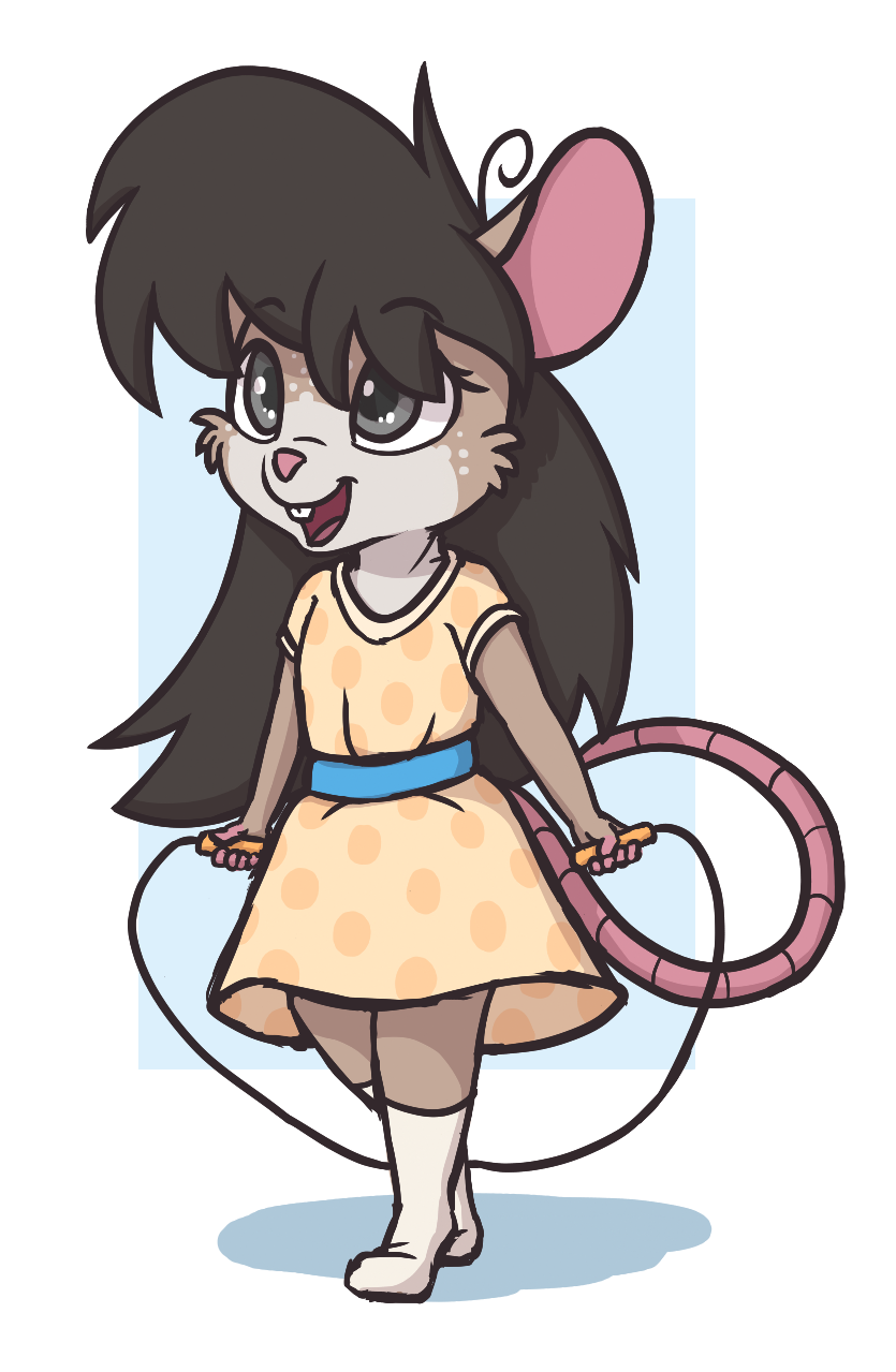 anthro brown_body brown_fur brown_hair buckteeth clothed clothing dress female footwear freckles fur grey_eyes hair holding_object jump_rope legwear open_mouth simple_background smile socks solo teeth young young_anthro aggie_(artist) ember_(aggie) mammal mouse murid murine rodent 2018 digital_media_(artwork) hi_res