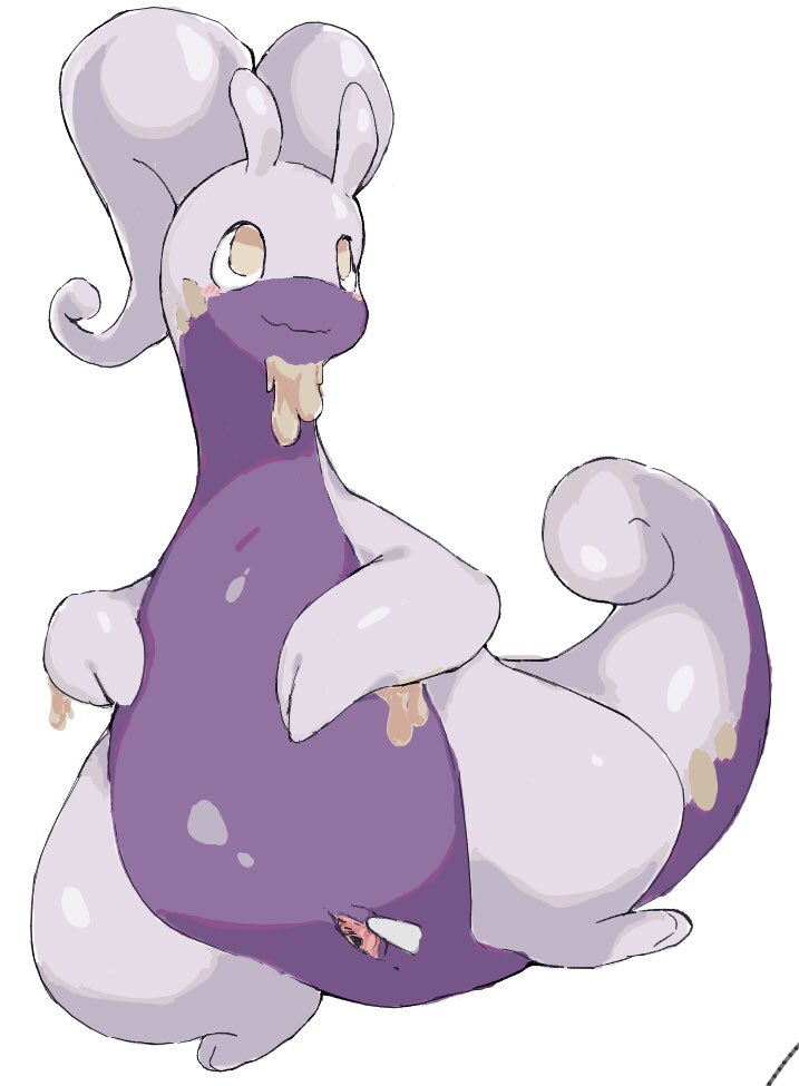 antennae_(anatomy) anus blush countershading female genitals looking_up purple_body pussy semi-anthro simple_background slightly_chubby slightly_chubby_female slime smile solo spread_pussy spreading tail white_background umixign nintendo pokemon generation_6_pokemon goodra pokemon_(species) 2023