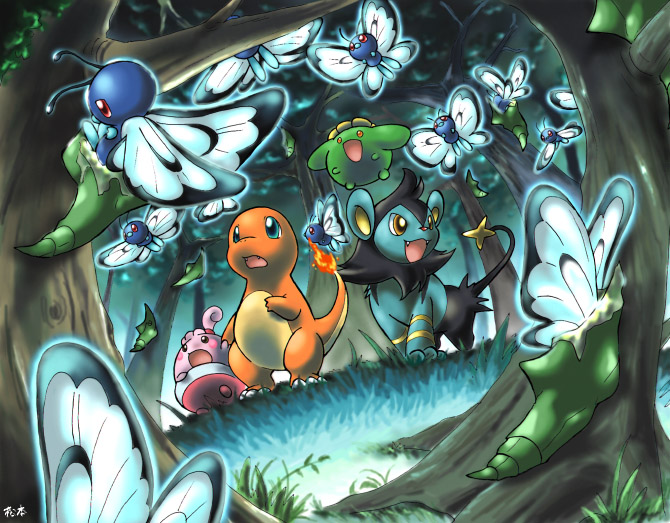 ambiguous_gender blue_eyes detailed_background feral fire flaming_tail forest group hatching insect_wings metamorphosis nature orange_body orange_skin outside plant red_eyes tail tree wings wood ev133 nintendo pokemon arthropod butterfree charmander felid generation_1_pokemon generation_2_pokemon generation_4_pokemon happiny insect lepidopteran luxio mammal metapod pokemon_(species) skiploom