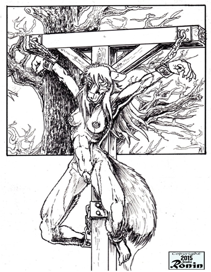 anthro bdsm bondage bound captured chain cross crucifixion female genitals nipples peril pussy solo submissive submissive_female ronin_(artist) canid canine fox mammal 2015 monochrome