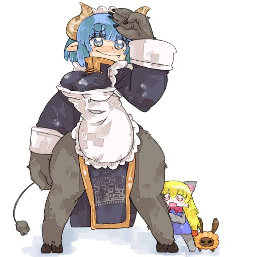 2_horns ambiguous_gender anthro asian_clothing big_breasts black_eyes blonde_hair blue_clothing blue_dress blue_eyes blue_hair breasts chinese_clothing clothing dress east_asian_clothing fangs female feral food fur grey_body grey_fur group hair hiding_behind_another hooves horn humanoid_pointy_ears maid_apron maid_uniform pointy_ears purple_eyes red_ribbon simple_background size_difference tail tail_tuft taotie_pattern teeth trio tuft uniform white_background croixsan asian_mythology chinese_mythology east_asian_mythology futaba_channel mythology nijiura_maids akuma_gaoru datofurai toutetsu-san animal_humanoid arthropod bovid bovid_humanoid canid canine canis chimera crustacean food_creature humanoid lagomorph leporid mammal mammal_humanoid marine rabbit shrimp taotie 1:1 source_request unavailable_at_source