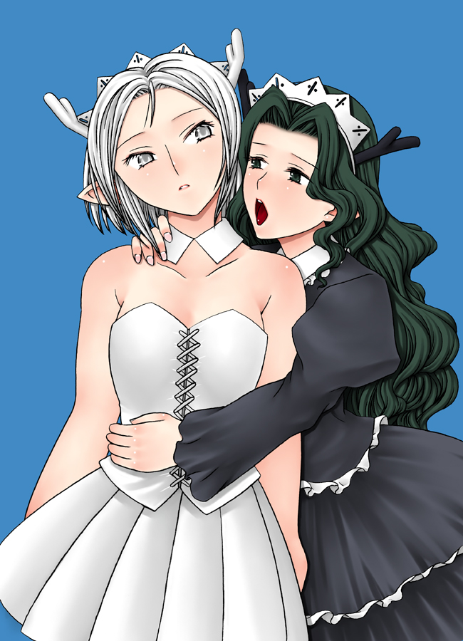 2_horns antlers black_clothing black_dress black_eyes blue_background clothing dress duo female female/female green_hair grey_eyes hair horn humanoid_pointy_ears maid_headdress simple_background white_clothing white_dress white_hair unyah asian_mythology chinese_mythology east_asian_mythology futaba_channel mythology nijiura_maids hakuryuu-san kokuryuu-san animal_humanoid black_dragon_(chinese_mythology) dragon dragon_humanoid eastern_dragon eastern_dragon_humanoid humanoid mythological_creature mythological_scalie scalie white_dragon_(chinese_mythology) 2009