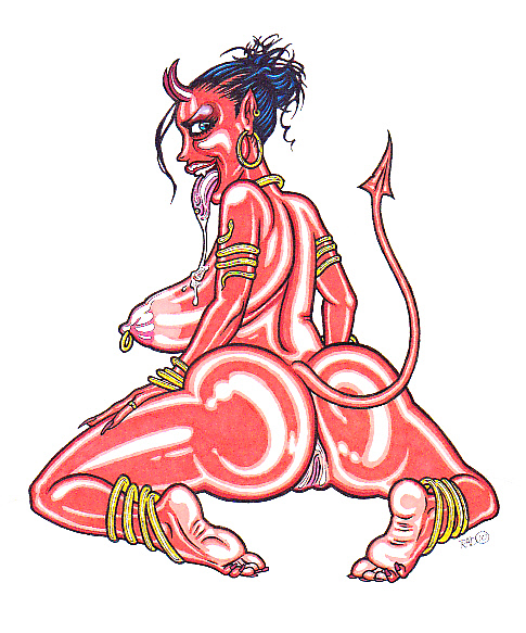 anus big_breasts big_butt bodily_fluids breasts butt drooling ear_piercing feet female genitals hindpaw horn looking_back nipple_piercing nipples not_furry nude paws piercing pussy saliva solo tail tongue tongue_out theseus9 demon humanoid