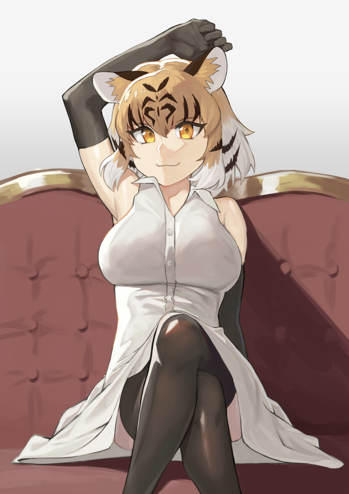 armwear breasts clothed clothing crossed_legs elbow_gloves eyelashes female furniture gloves hair handwear legwear looking_at_viewer sitting smile sofa solo thigh_highs yellow_eyes cinko kemono_friends bengal_tiger_(kemono_friends) animal_humanoid felid felid_humanoid humanoid mammal mammal_humanoid pantherine pantherine_humanoid tiger_humanoid