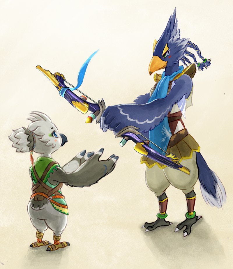 5_toes adolescent anthro armor beak biped black_beak blue_body blue_feather_hair blue_feathers blue_neckwear blue_pseudo_hair blue_ribbon bottomless bow_(weapon) clothed clothing digitigrade duo feather_hair feathers featureless_crotch feet great_eagle_bow holding_object holding_weapon jade_(gem) leather leather_armor long_tail male pseudo_hair ranged_weapon short_tail standing tail talons toes two_tone_tail weapon white_body white_feather_hair white_feathers white_pseudo_hair winged_arms wings yellow_beak young young_anthro sheep_riritoto breath_of_the_wild nintendo tears_of_the_kingdom the_legend_of_zelda revali tulin_(tloz) avian rito