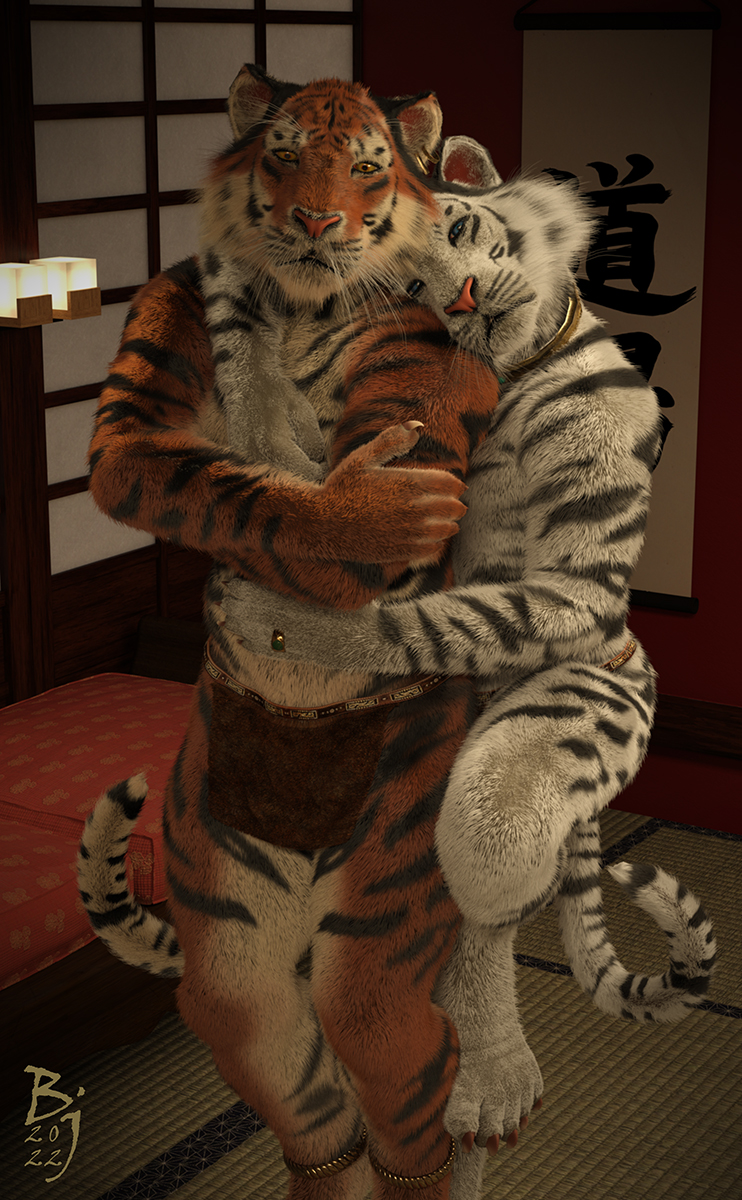anthro bottomwear claws clothing crossed_arms duo fur hug inside loincloth looking_at_viewer male on_one_leg standing tail sherwood felid mammal pantherine tiger 2022 3d_(artwork) digital_media_(artwork) hi_res