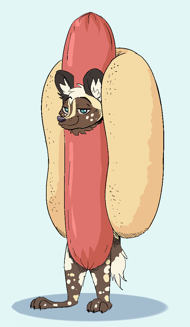 ambiguous_gender anthro barefoot biped blue_background blue_eyes cheek_tuft claws clothed clothing costume facial_tuft feet food food_costume half-closed_eyes head_tuft hot_dog hot_dog_costume hotdog_costume humor inner_ear_fluff looking_at_viewer narrowed_eyes neck_tuft pun simple_background smile solo standing toe_claws tuft visual_pun juantriforce milo_(juantriforce) african_wild_dog canid canine mammal 2019