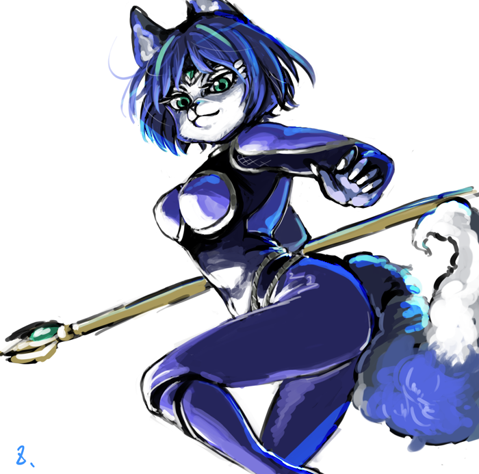 anthro blue_hair bodysuit breasts clothing female fur green_eyes hair simple_background skinsuit solo staff tight_clothing zettdot nintendo star_fox krystal_(star_fox) canid canine fox mammal 2020