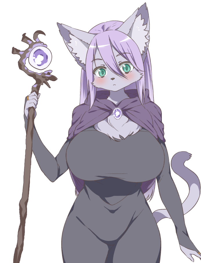 5_fingers anthro big_breasts blush breasts chest_tuft cloak clothed clothing female fingers fur green_eyes grey_body grey_fur hair huge_breasts kemono purple_body purple_fur purple_hair ring solo staff standing tuft mizo_ne domestic_cat felid feline felis mammal alpha_channel