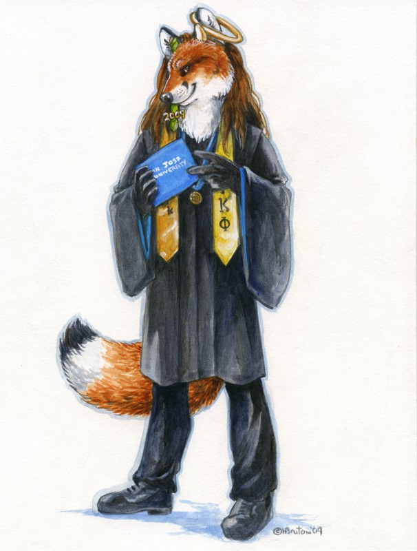 5_fingers academic_dress anthro biped black_body black_fur bottomwear brown_hair clothed clothing diploma dipstick_tail fingers fluffy fluffy_tail footwear front_view fully_clothed fur hair halo holding_object long_hair male markings medal multicolored_tail orange_body orange_fur pants robe shoes simple_background smile solo standing tail tail_markings white_background white_body white_fur heather_bruton canid canine fox mammal 2009