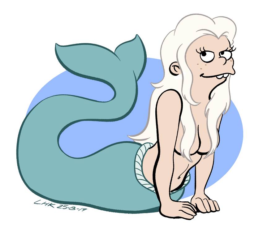 breasts censored_nipples convenient_censorship female hair hair_covering_breasts long_hair not_furry nude solo split_form white_hair largehadronkalidah disenchantment_(series) netflix bean_(disenchantment) humanoid marine merfolk 2019 censored