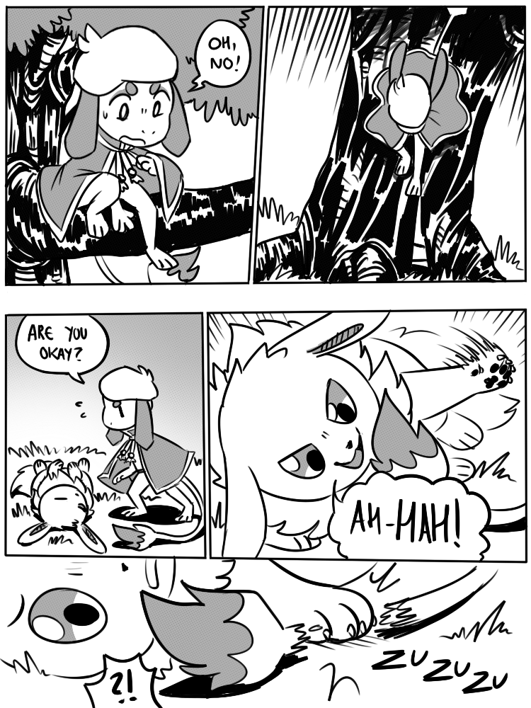 5_panel_comic ambiguous_gender anthro biped black_nose black_text bodily_fluids branch cloak clothing dialogue duo exclamation_point eyebrows feral floppy_ears fluffy fluffy_tail fur grass in_tree interrobang looking_at_another lying nails neck_tuft on_back on_ground open_mouth open_smile outside pawpads paws plant pseudo_hat pupils quadruped question_mark smile speech_bubble standing sweat sweatdrop tail talking_to_another text tongue tree tuft white_pupils white_sclera flavia-elric nintendo pokemon pokemon_mystery_dungeon spike_chunsoft liza_(yapc) lux_(yapc) eevee generation_1_pokemon generation_2_pokemon pokemon_(species) smeargle 2019 3:4 comic digital_media_(artwork) english_text greyscale monochrome