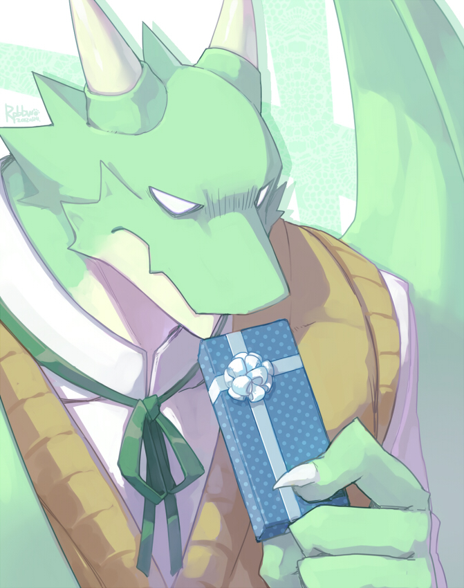 anthro claws clothed clothing empty_eyes gift green_body green_skin holding_gift holding_object horn male membrane_(anatomy) membranous_wings shirt solo topwear white_eyes wings rpbbw mythology white_day dragon mythological_creature mythological_scalie scalie