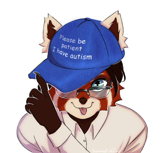 anthro autism black_hair blue_clothing blue_eyes blue_hat blue_headwear brown_body brown_fur claws clothing ears_up eyewear fluffy_ears fur glasses glistening glistening_eyes glowing glowing_eyes hair hat headgear headwear looking_at_viewer male office_clothing red_body red_fur shirt short_hair smile smiling_at_viewer sparkles star text tongue tongue_out topwear white_body white_clothing white_fur white_shirt white_topwear gummyfishowo please_be_patient_i_have_autism mitya_(mitrotsky) ailurid mammal red_panda 2024 english_text