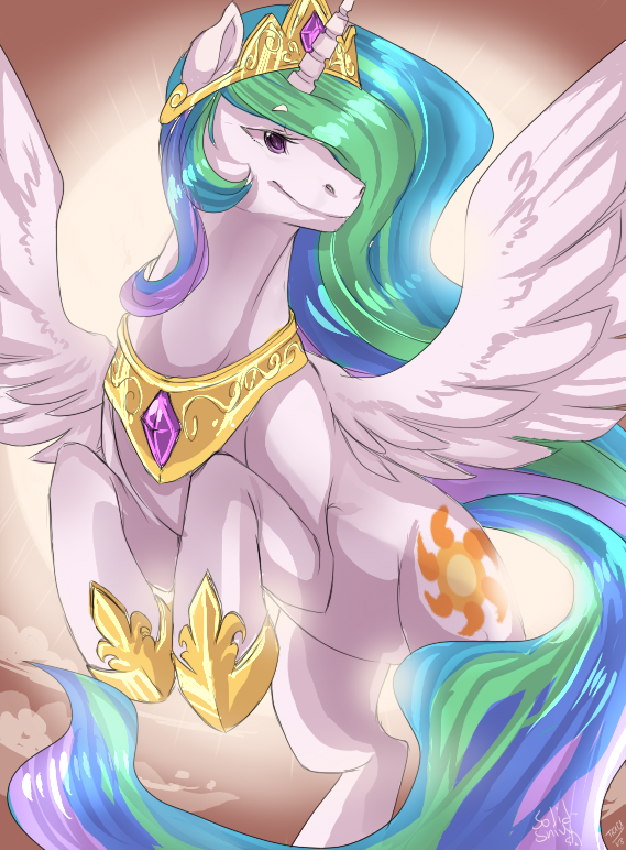 crown cutie_mark feathered_wings feathers female feral fur hair headgear horn jewelry long_hair multicolored_hair purple_eyes solo white_body white_feathers white_fur wings pony-slayer tiaamaito friendship_is_magic hasbro my_little_pony mythology princess_celestia_(mlp) equid equine mammal mythological_creature mythological_equine winged_unicorn 2013 artist_collaboration