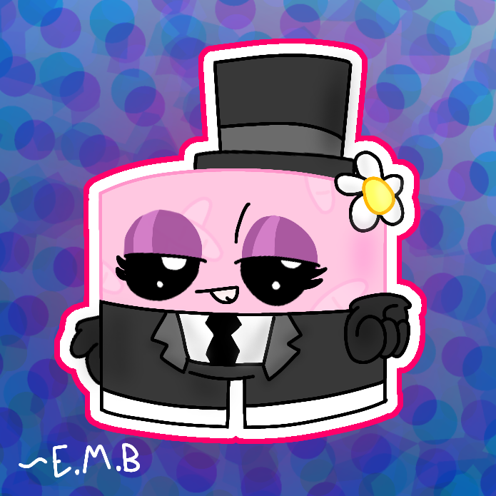 5bandagequeen5 bandage beady_eyes black_tie_(suit) blue_background clothing cube eyeshadow female flower flower_on_head hat headgear headwear makeup not_furry pink_body plant simple_background smile solo suit top_hat super_meat_boy bandage_girl dr._fetus meatboy 1:1 watermark