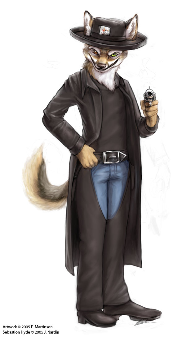 5_fingers aiming aiming_at_viewer anthro arms_bent belt biped boots bottomwear card card_in_hat chaps clothed clothing coat copyright_symbol denim denim_bottomwear denim_clothing fingers footwear fully_clothed fur furgonomics green_eyes grey_body grey_fur gun handgun hat headgear headwear heterochromia holding_gun holding_handgun holding_object holding_ranged_weapon holding_revolver holding_weapon jeans joker_(playing_card) legs_together looking_at_viewer male orange_eyes pants playing_card ranged_weapon revolver shirt shoes simple_background smile solo standing straight_legs symbol tan_body tan_fur text topwear trenchcoat weapon white_background white_body white_fur year yellow_eyes teen-tiger sebastion_hyde canid canine mammal 2005 artist_name character_name dated