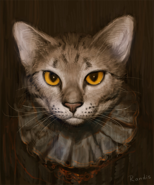 ambiguous_gender collar feral lace looking_at_viewer realistic ruff_(clothing) solo whiskers yellow_sclera randis domestic_cat felid feline felis mammal tabby_cat brown_theme restricted_palette