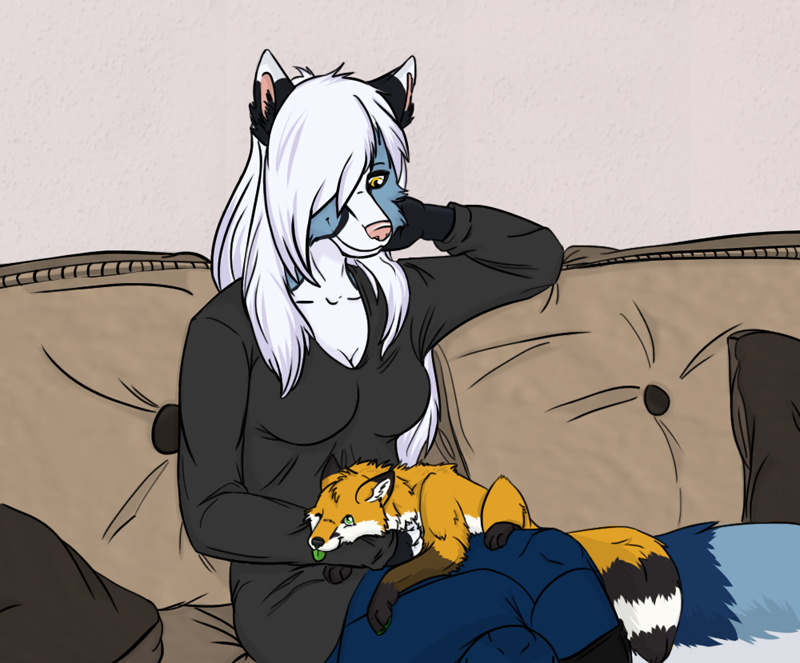 ambiguous_gender anthro blue_body blue_fur clothed clothing cuddling duo female feral fur furniture green_tongue inside one_eye_closed orange_body orange_fur size_difference smile sofa tongue tongue_out white_body white_fur wink sessinoga elinor_krin rommy_winterlight canid canine fox mammal