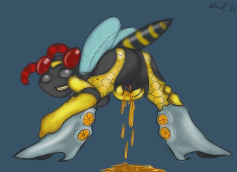 anthro anthrofied compound_eyes female food genitals honey_(food) looking_back machine nude pussy simple_background solo spread_legs spreading shardshatter sega sonic_the_hedgehog_(series) arthropod badnik bee buzz_bomber hymenopteran insect robot 2011