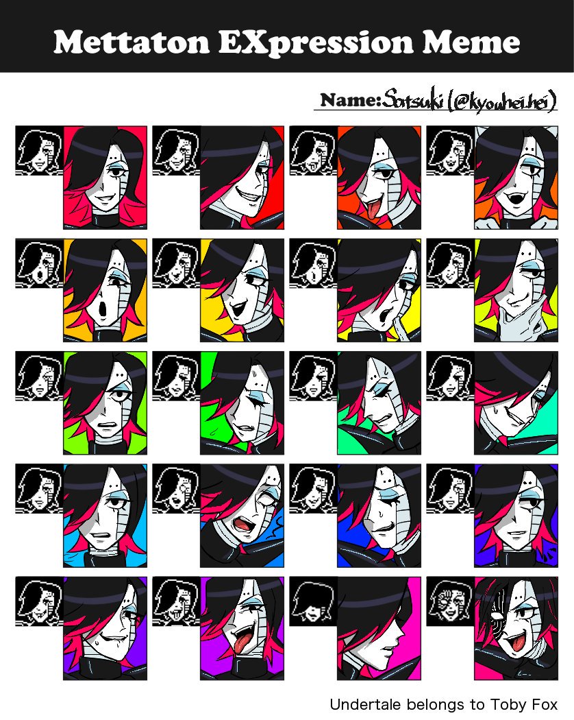 bite biting_lip biting_own_lip black_hair blue_background bodily_fluids expressions eyes_closed eyeshadow fake_cat_ears fake_ears frown glistening green_background grin hair hair_over_eye machine makeup male not_furry one_eye_obstructed open_mouth orange_background purple_background purple_hair red_background self_bite simple_background smile solo sweat sweatdrop text tongue tongue_out yellow_background satsuki-udon undertale undertale_(series) mettaton mettaton_ex mettaton_neo robot english_text