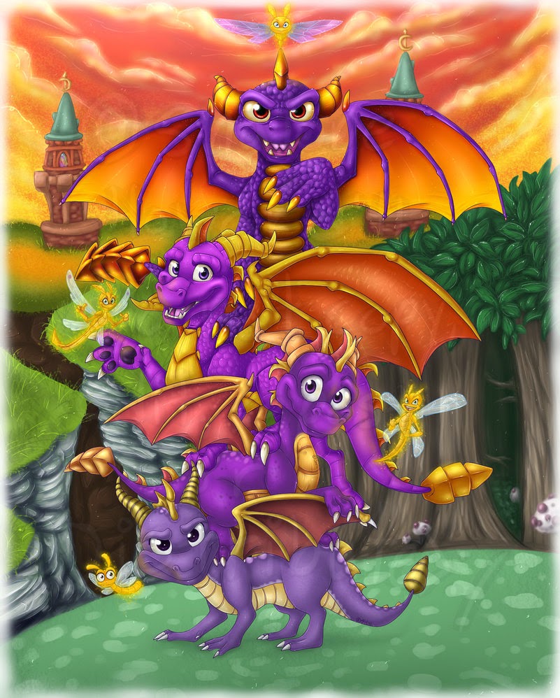 claws detailed_background feral group horn male past_meets_present purple_body square_crossover tail wings shalonesk activision mythology skylanders spyro_the_dragon the_legend_of_spyro sparx spyro dragon mythological_creature mythological_scalie scalie 2011 colored detailed digital_media_(artwork) shaded