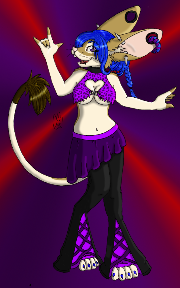 anthro blue_hair bottomwear braided_hair breasts cleavage clothed clothing ear_piercing facial_piercing female gesture hair hand_gesture ily_sign lip_piercing lip_ring long_ears looking_at_viewer pants piercing purple_eyes ring_piercing skirt skousers solo tail under_boob silvermidnight dipodid jerboa long-eared_jerboa mammal rodent 2011 5:8 signature