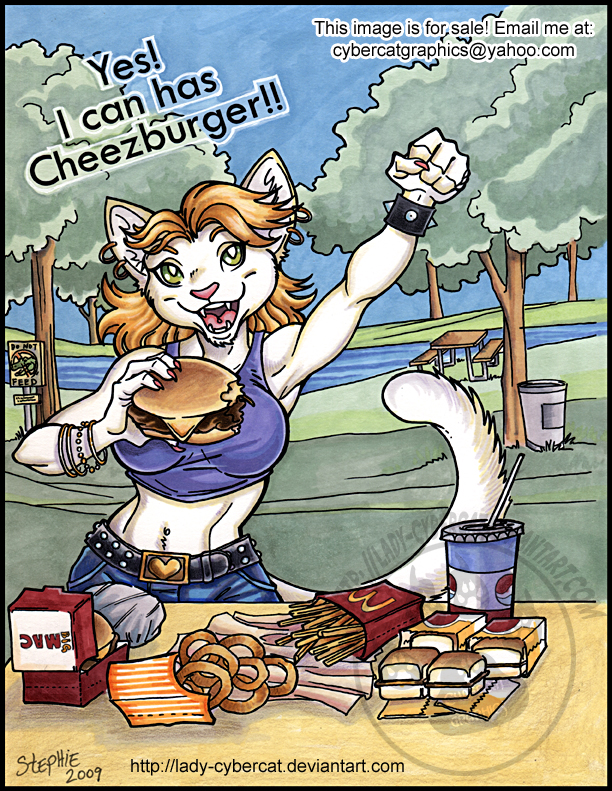 anthro beverage big_breasts big_mac_(burger) breasts burger detailed_background eating fast_food female food fries holding_food holding_object humor onion_rings outside park plant river soda solo text tree cybercat deviantart i_can_has_cheezburger? lolcats mcdonald's yahoo! domestic_cat felid feline felis mammal 2009 english_text meme traditional_media_(artwork) url watermark