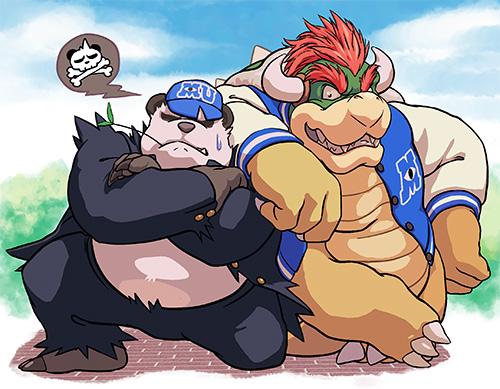 annoyed anthro belly bodily_fluids clothed clothing crossed_arms duo hat headgear headwear humanoid_hands jacket letterman_jacket male overweight overweight_male parody smile sweat topwear masabowser disney mario_bros monsters_inc monsters_university nintendo pixar pokemon bowser generation_6_pokemon koopa mammal pangoro pokemon_(species) scalie 2015 low_res