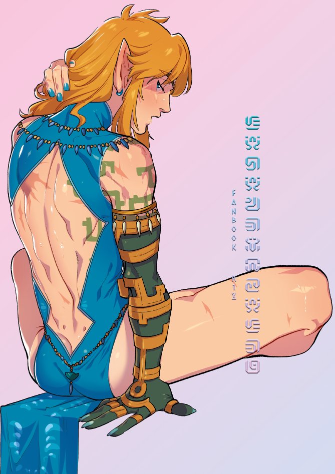 blonde_hair clothed clothing colored_nails crossdressing femboy hair humanoid_pointy_ears light_body light_skin looking_at_viewer male nails not_furry pointy_ears simple_background sitting solo kukumomo nintendo tears_of_the_kingdom the_legend_of_zelda link elf humanoid hylian