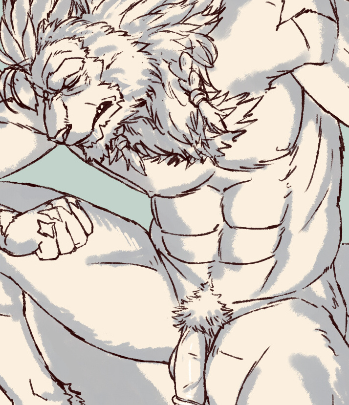 anthro balls body_hair braided_mane chest_hair eyes_closed flaccid genitals male muscular muscular_male nipples penis pubes solo inubikko gordish_(inubikko) felid lion mammal pantherine digital_media_(artwork) sketch