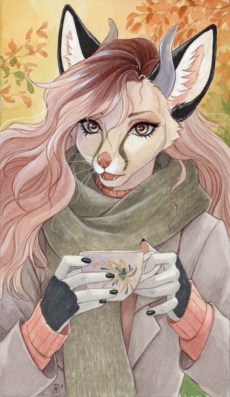 anthro brown_eyes cheek_tuft clothed clothing container cup facial_tuft female fingerpads fully_clothed hair horn inner_ear_fluff jacket leaf long_hair looking_at_viewer open_mouth pawpads pink_hair pink_nose scarf sharp_teeth solo tea_cup teeth topwear tuft whiskers nekoart antelope bovid canid canine fennec_fox fox gazelle hybrid mammal true_fox