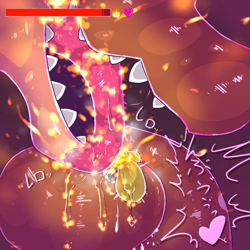 burn fire gameplay_mechanics gui health_bar heart_symbol size_difference teeth text tongue tongue_out ichkoro nintendo pokemon anon charizard generation_1_pokemon pokemon_(species) scalie 1:1 2017 japanese_text