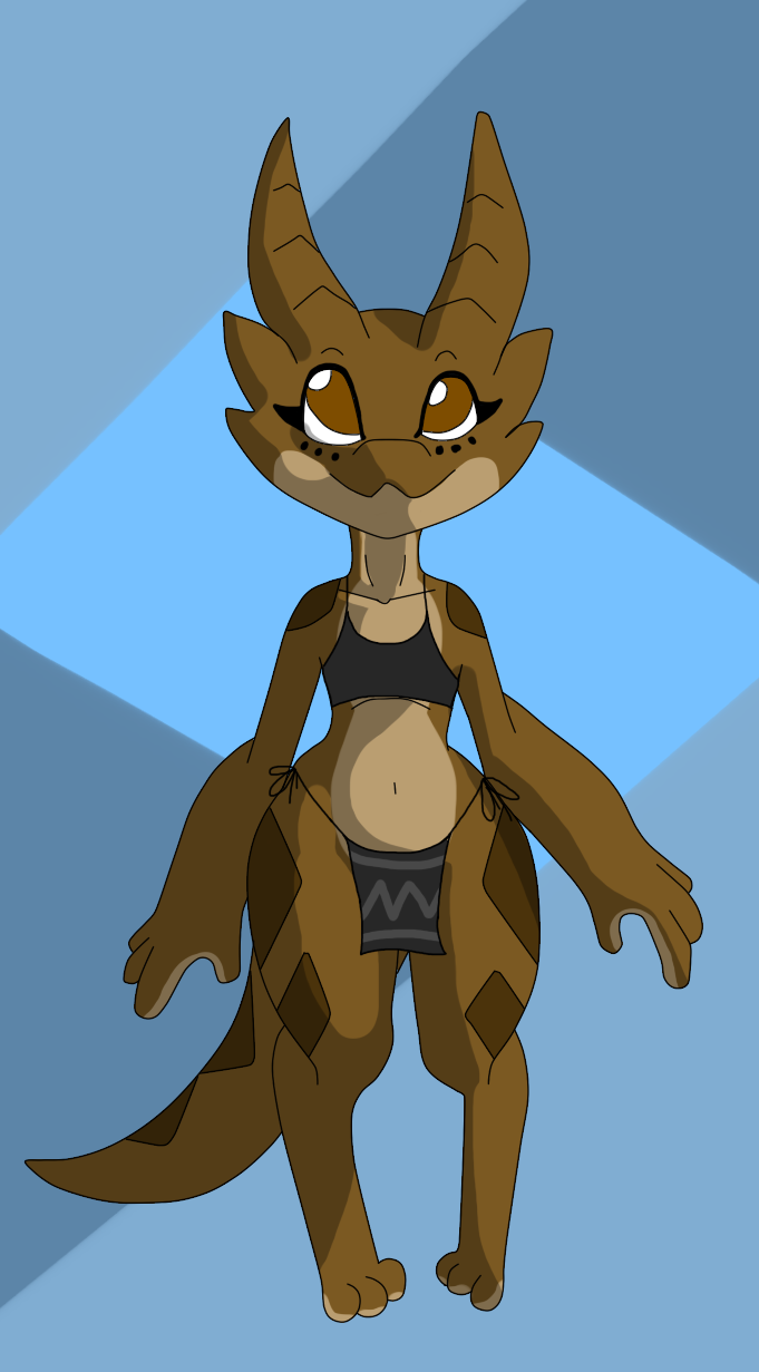 anthro black_clothing brown_body brown_eyes brown_scales brown_tail clothing eyelashes female markings multicolored_body multicolored_scales multicolored_tail navel paws scales solo tail topwear squablodecomplash wiggles_(squablodecomplash) kobold scalie 2019 hi_res