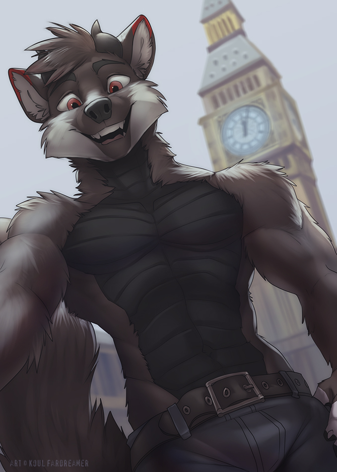 abs anthro belt big_ben black_body black_fur black_hair black_scales bottomwear brown_eyes clock clock_tower clothed clothing denim denim_bottomwear denim_clothing detailed_background eyebrows fur grey_body grey_fur grin hair jeans london looking_at_viewer looking_down male multicolored_body multicolored_fur muscular muscular_anthro muscular_male navel outside pants pecs scales selfie smile solo standing teeth topless koul mythology gaymingwolfy canid canine canis dragon hybrid mammal mythological_creature mythological_scalie scalie wolf 2018 digital_media_(artwork) half-length_portrait portrait