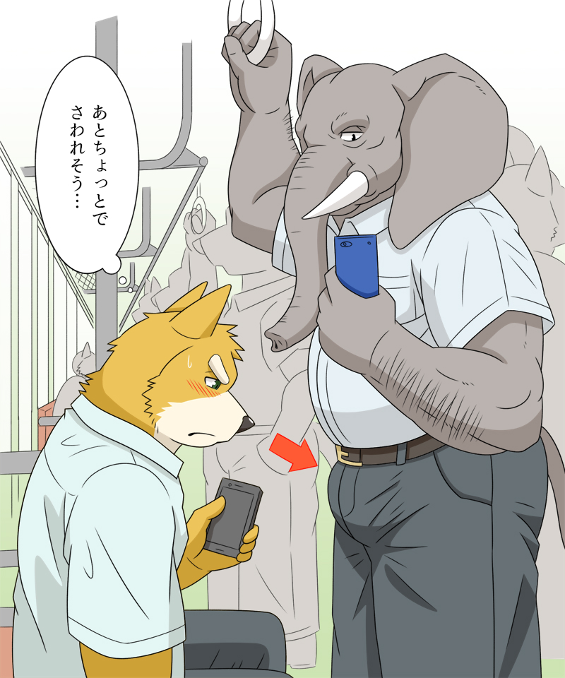 anthro blush bottomwear bulge clothing duo electronics group kemono male male/male pants phone shirt sitting text topwear tusks jacklantern_11 canid canine canis domestic_dog elephant elephantid mammal proboscidean 2020 5:6 japanese_text translation_request