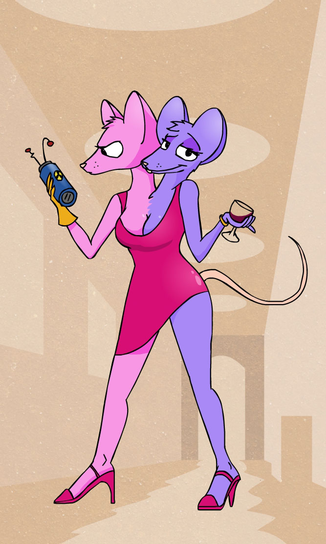 2_heads anthro beverage breasts cleavage clothed clothing conjoined conjoined_twins dress duo female footwear fur high_heels multi_head multicolored_body multicolored_fur pink_nose shoes theyton mammal mouse murid murine rodent