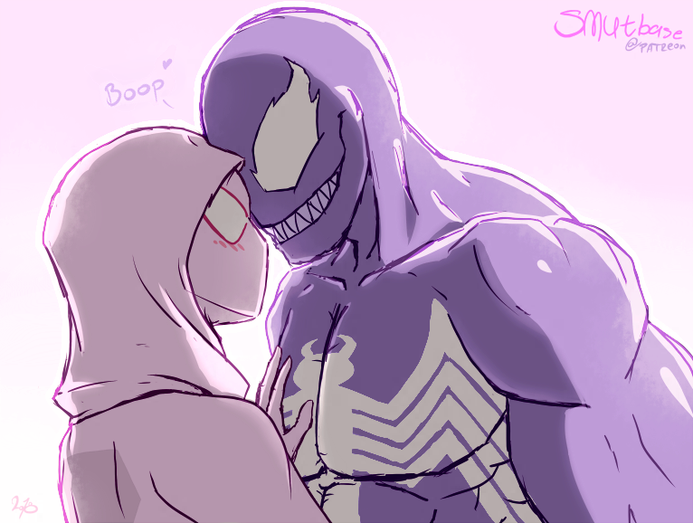 black_body blush clothing duo fangs female interspecies love male male/female mask muscular muscular_male open_mouth open_smile romantic romantic_couple simple_background smile suit teeth white_eyes smutbase marvel gwen_stacy spider-gwen venom_(marvel) alien human humanoid mammal symbiote