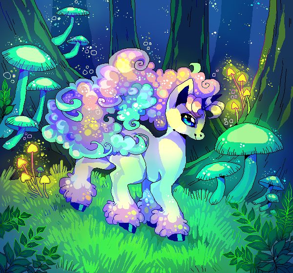 ambiguous_feral ambiguous_gender blue_eyes bokeh feathering feral fluffy fungus fur glowing glowing_fungus glowing_mushroom grass hair hooves horn iridescent iridescent_hair iridescent_mane iridescent_tail leaf looking_at_viewer multicolored_hair multicolored_tail mushroom outside plant quadruped smile solo standing tail tree white_body suippupupu nintendo pokemon equid galarian_form galarian_ponyta generation_8_pokemon mammal pokemon_(species) regional_form_(pokemon) 2019 aliasing colorful_theme digital_media_(artwork) oekaki shaded