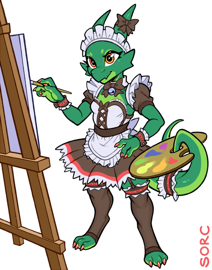 anthro bell bell_collar breasts brush clothing collar easel female garter_belt garter_straps green_body legwear maid_uniform multicolored_eyes non-mammal_breasts paintbrush palette prehensile_tail solo tail thigh_highs uniform sorc kobold reptile scalie