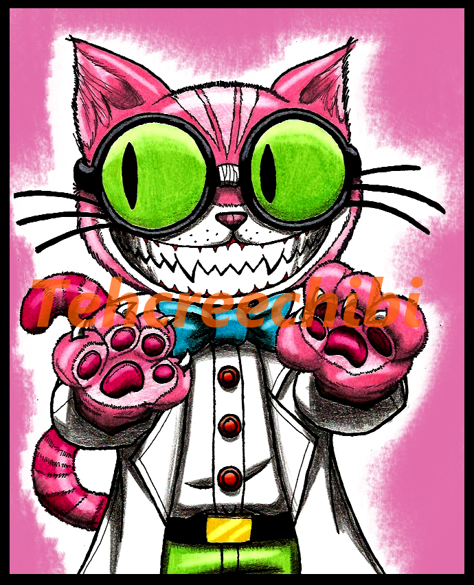 4_fingers anthro belt black_belt black_border black_eyewear black_glasses blue_bow_tie border bottomwear bow_tie button_(fastener) claws clothed clothed_anthro clothed_male clothing coat eyewear finger_claws fingers fully_clothed fully_clothed_anthro fully_clothed_male fur glasses green_bottomwear green_clothing green_eyes green_pants gums hand_pawpads lab_coat light long_tail male markings pants pawpads pink_background pink_body pink_fur pink_nose pink_pawpads pink_stripes pink_tail red_gums sharp_teeth simple_background solo standing striped_markings striped_tail stripes tail tail_markings teeth toothy_grin topwear whiskers white_body white_claws white_dress_shirt white_fur white_lab_coat tehcreechibi saints_row saints_row:_the_third professor_genki domestic_cat felid feline felis mammal 2015 colored colored_pencil_(artwork) english_description half-length_portrait lighting marker_(artwork) portrait shaded traditional_media_(artwork)