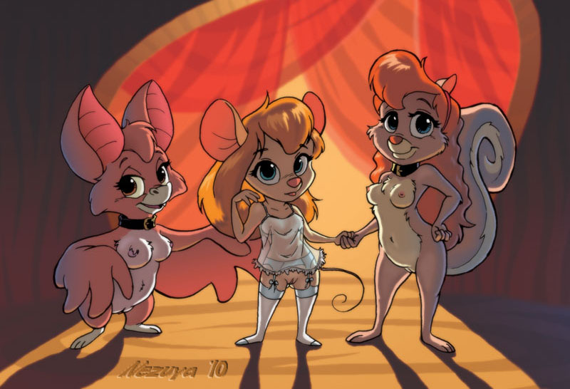 anthro babydoll bat_wings blonde_hair blue_eyes breasts brown_eyes chest_tuft clothed clothing collar female fluffy fluffy_tail fur garter_belt garter_straps genitals group hair hand_holding legwear looking_at_viewer membrane_(anatomy) membranous_wings navel negligee nightgown nipples nude orange_hair pink_body pink_fur pink_hair pink_nose pussy red_hair skimpy smile stockings tail tan_body tan_fur thigh_highs translucent translucent_clothing tuft winged_arms wings sankam chip_'n_dale_rescue_rangers disney foxglove_(cdrr) gadget_hackwrench tammy_squirrel bat mammal mouse murid murine rodent sciurid tree_squirrel 2010 digital_media_(artwork)