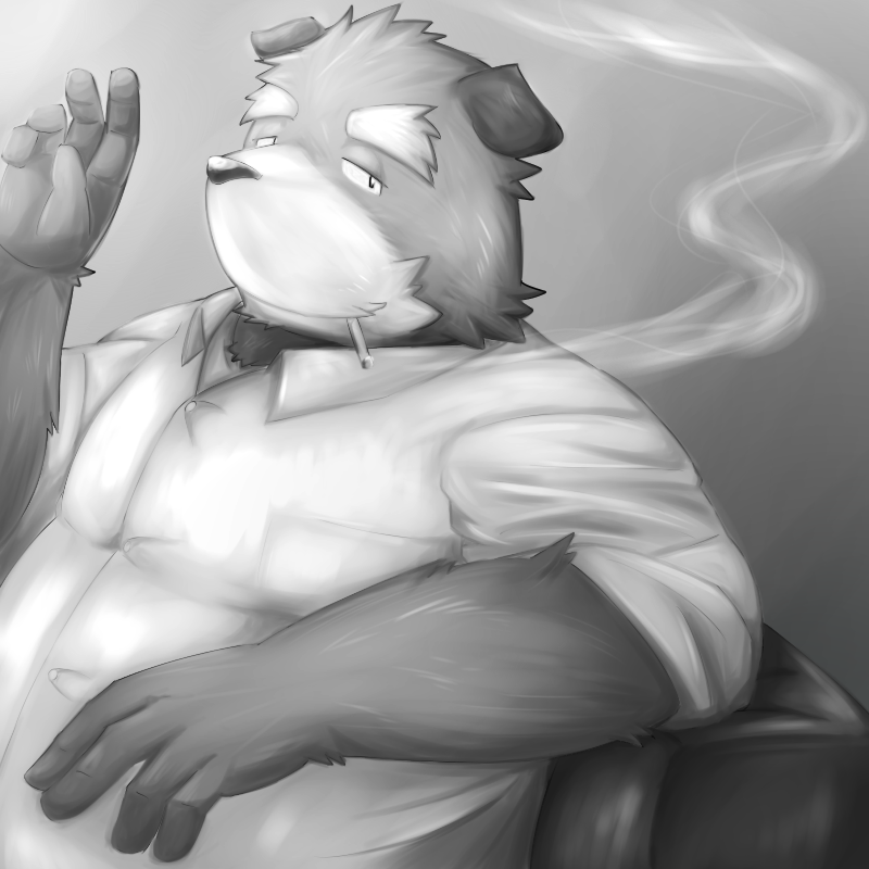 anthro belly biped clothing humanoid_hands kemono male overweight overweight_anthro overweight_male shirt smoking solo topwear emufu canid canine canis domestic_dog mammal 1:1 2014 monochrome