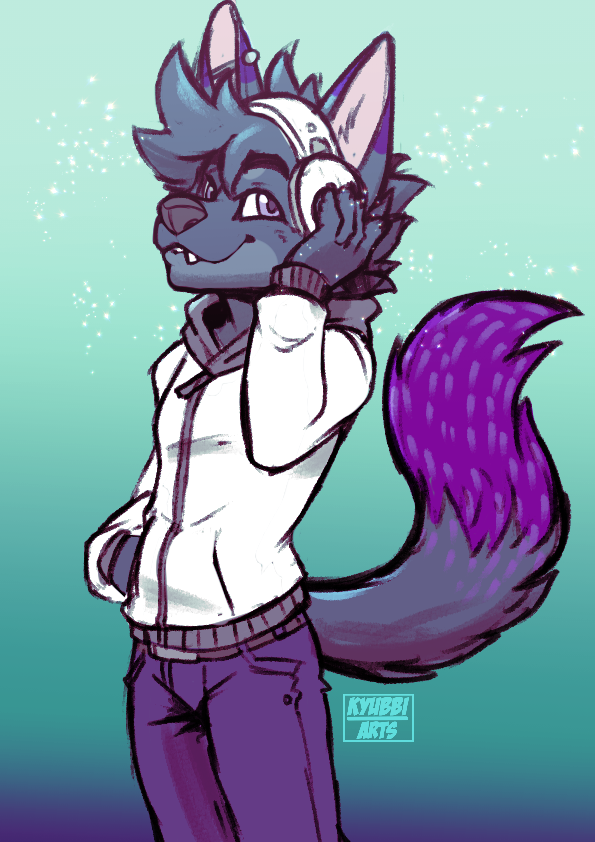 anthro belt bottomwear clothed clothing countershading dipstick_tail ear_piercing electronics fully_clothed fur gradient_background grey_body grey_fur grey_hair hair hand_in_pocket headphones holding_headphones holding_object hoodie industrial_piercing inner_ear_fluff looking_aside male markings pants piercing pockets purple_body purple_clothing purple_fur simple_background snaggle_tooth solo star tail tail_markings topwear tuft white_clothing zipper kyubbi-arts kenwood_(kenwoodkabuki) canid canine fox mammal 2020 digital_media_(artwork) portrait signature three-quarter_portrait