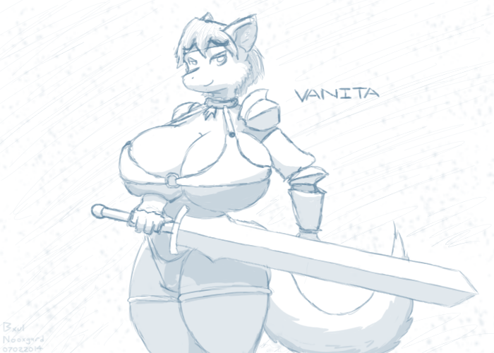 armor big_breasts bikini bracers breasts clothing collar curvy_figure female fur hair hourglass_figure huge_breasts looking_at_viewer melee_weapon non-mammal_breasts short_hair shoulder_pads solo swimwear sword tail two-piece_swimsuit two_handed_sword two_handed_weapon weapon wide_hips nooxgard mythology vanita dragon furred_dragon furred_scalie mythological_creature mythological_scalie scalie blue_and_white monochrome